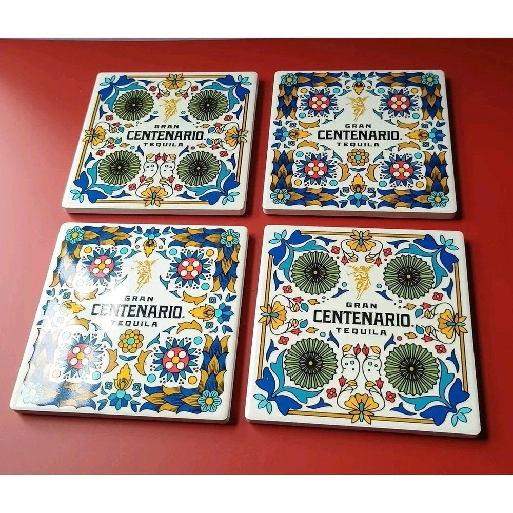 Gran Centenario Tequila Ceramic Tile Coasters Set‎ 4 Square - White Blue Yellow